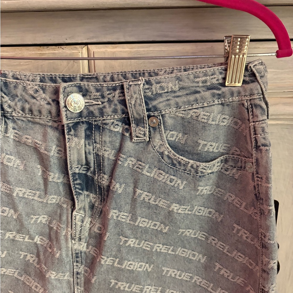 True Religion Monogram High Rise Denim Mini Skirt Leaping Water Y2K - Picture 7 of 11